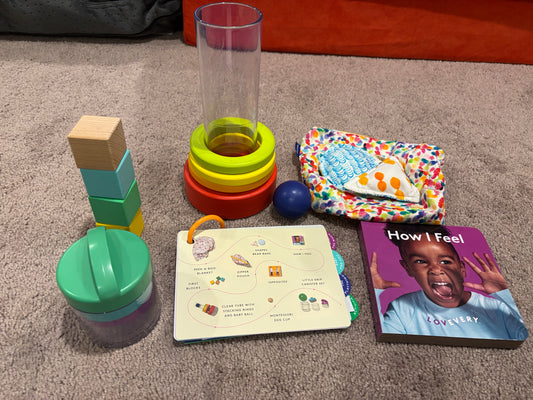 #138 -  - VGUC Lovevery - The Explorer Play Kit (9-10 Months) - Missing peek a boo blanket and Opposites Book, PU 45236
