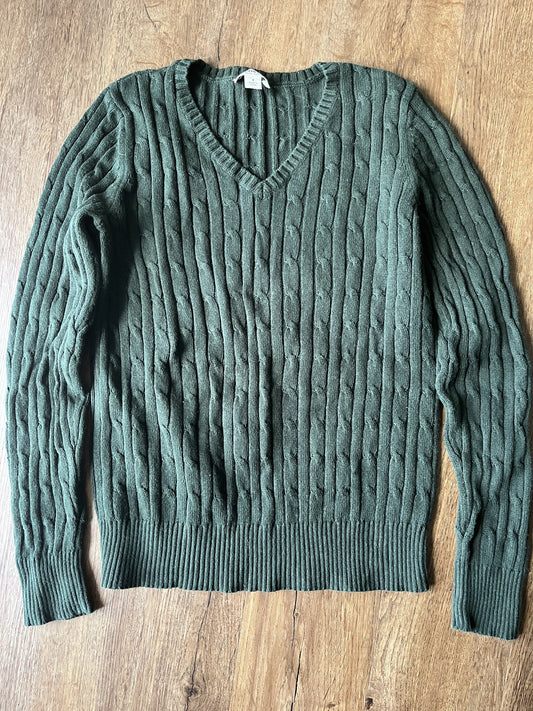 #124 Women's Hunter Green Cable Knit V-Neck Sweater Size S
