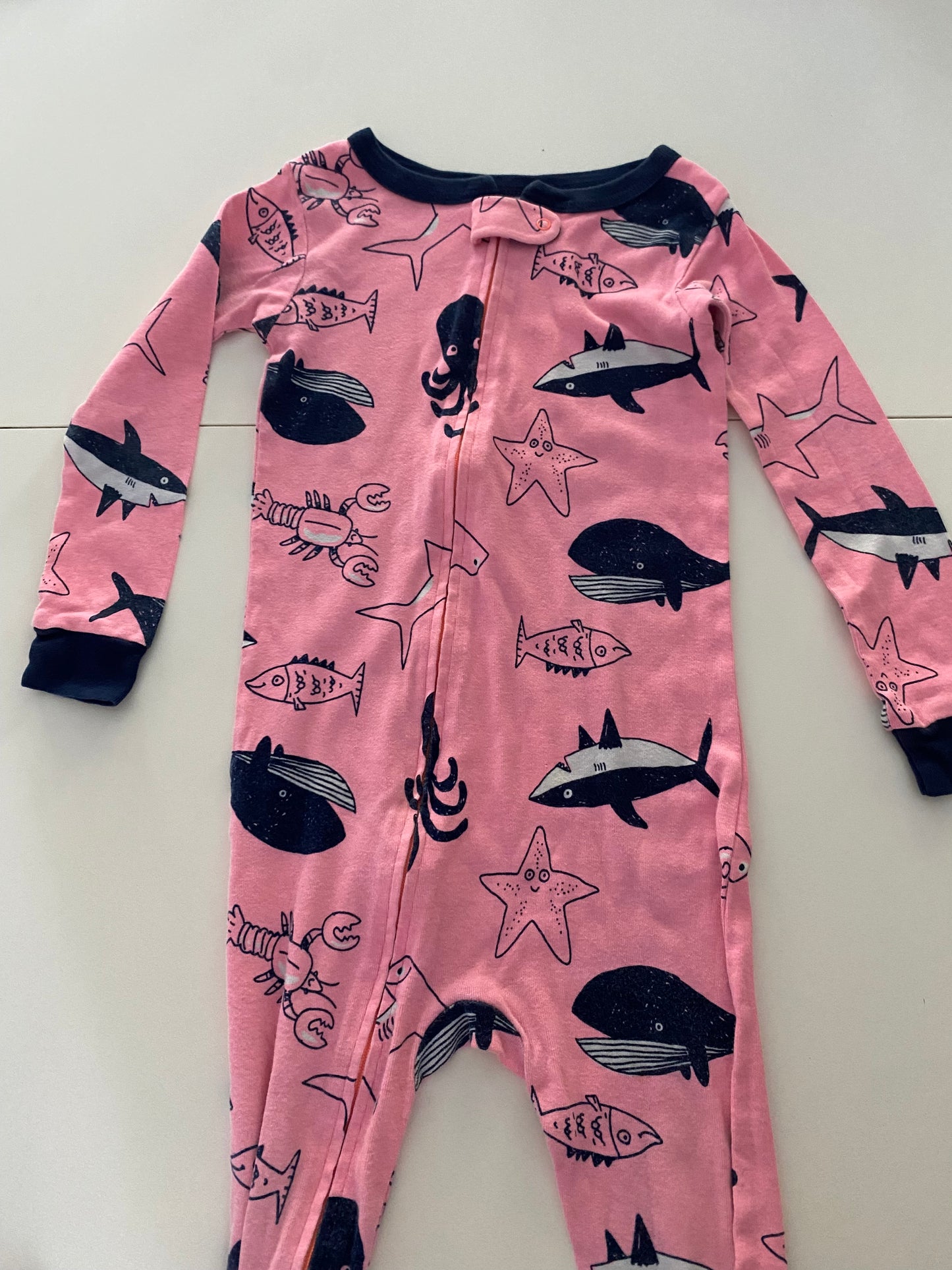 #84B- Girls 3T, Carter’s pink whale/under sea footed pajamas, GUC