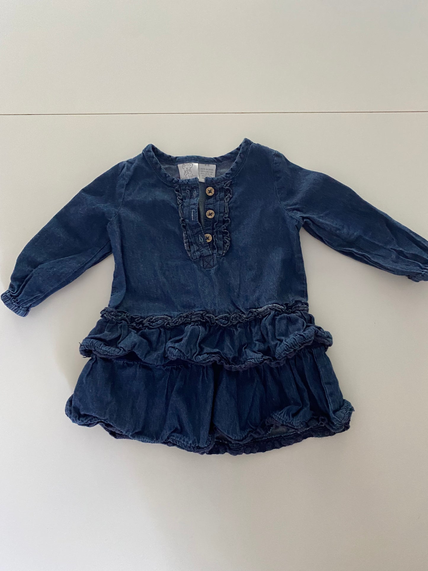 #84B- Girls 9M, Koala Baby denim ruffle dress, GUC