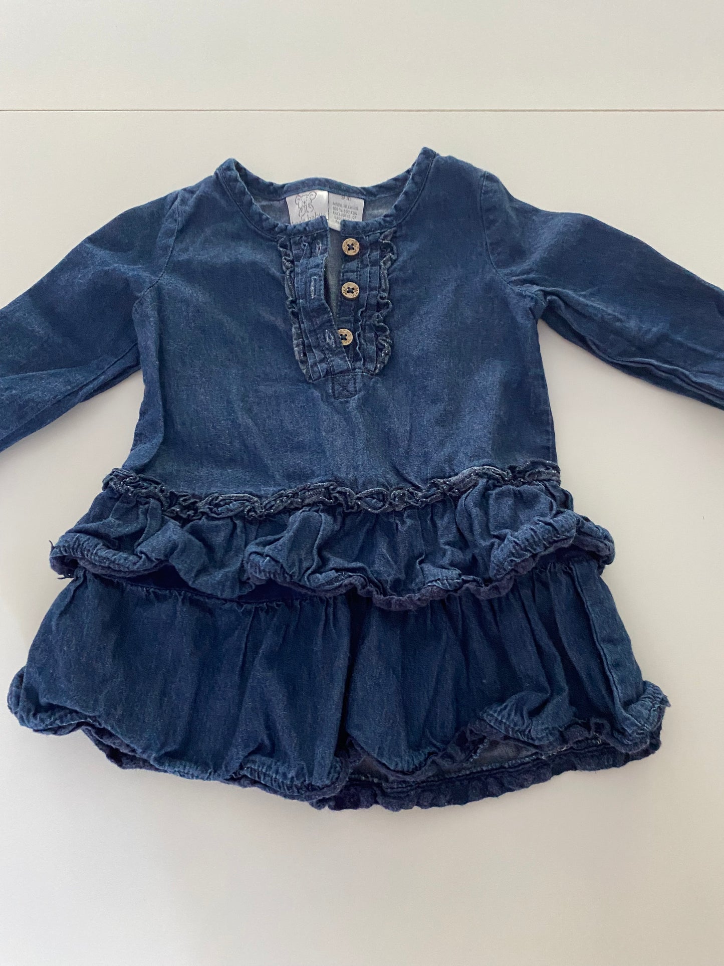 #84B- Girls 9M, Koala Baby denim ruffle dress, GUC