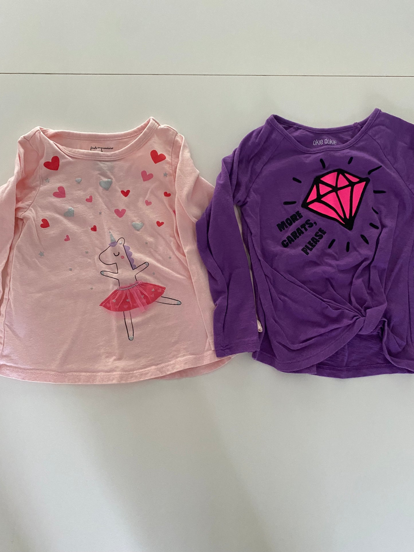 #84B- Girls 2T, First Impressions pink unicorn shirt & Okie Dokie purple Diamond shirt, GUC