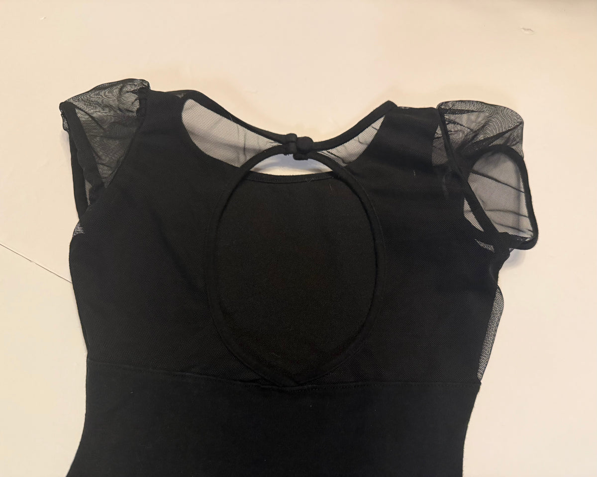 #141 Girls Intermediate Size 6 Capezio Black Leotard with Tulle Cap Sleeves
