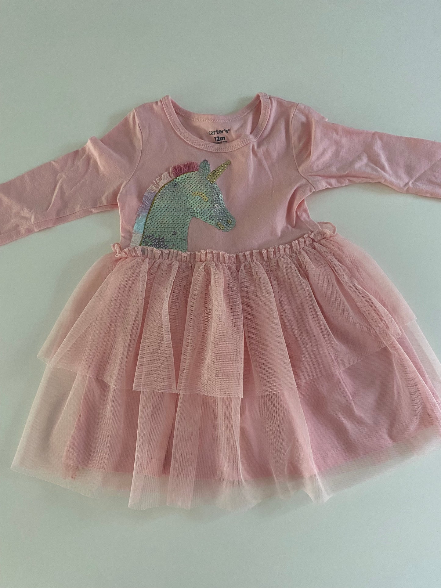 #84B- Girls 12M, Carter’s pink unicorn dress, EUC