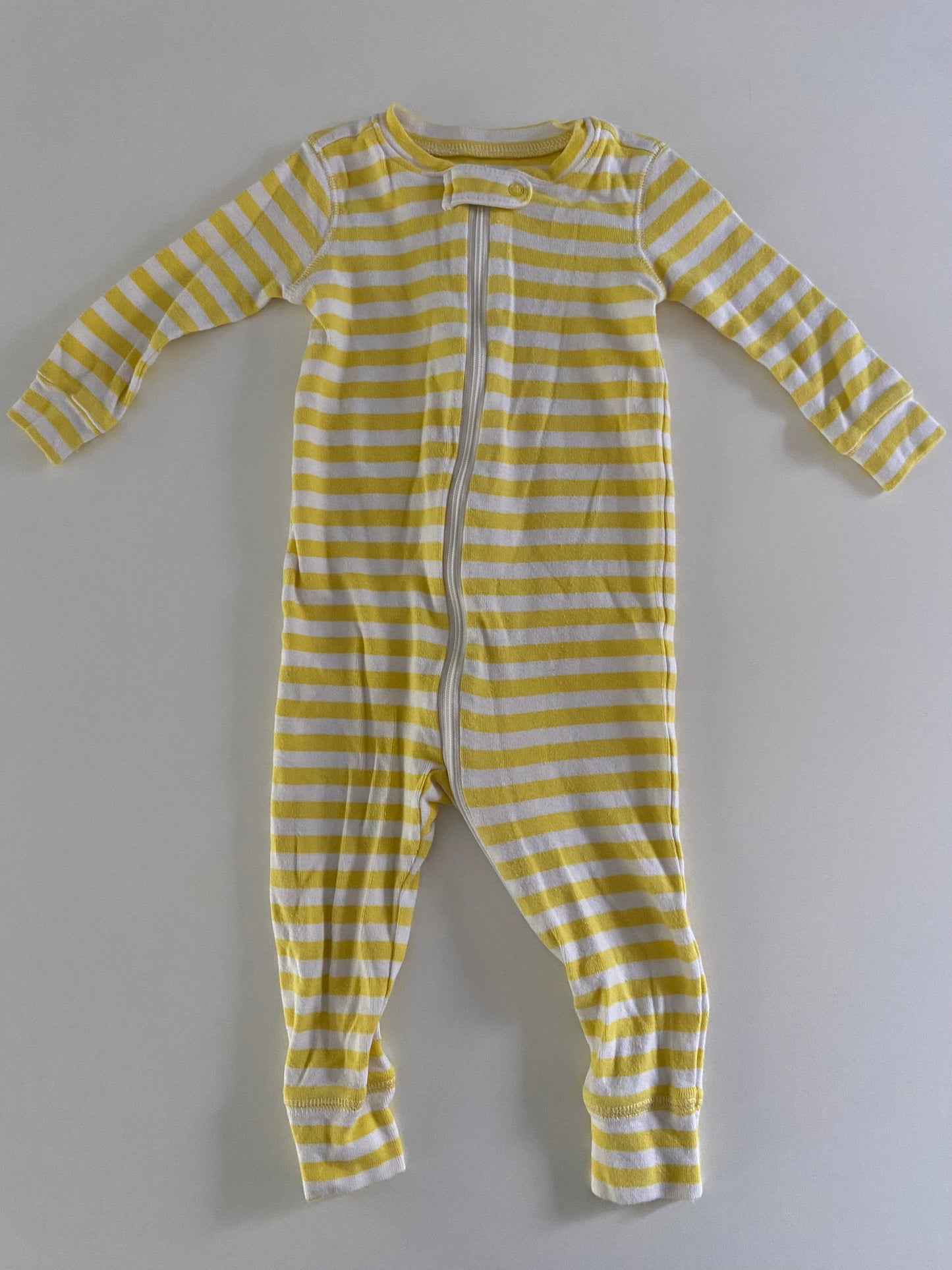 #84B- Girls 9-12M, Primary yellow and white striped pajamas, VGUC