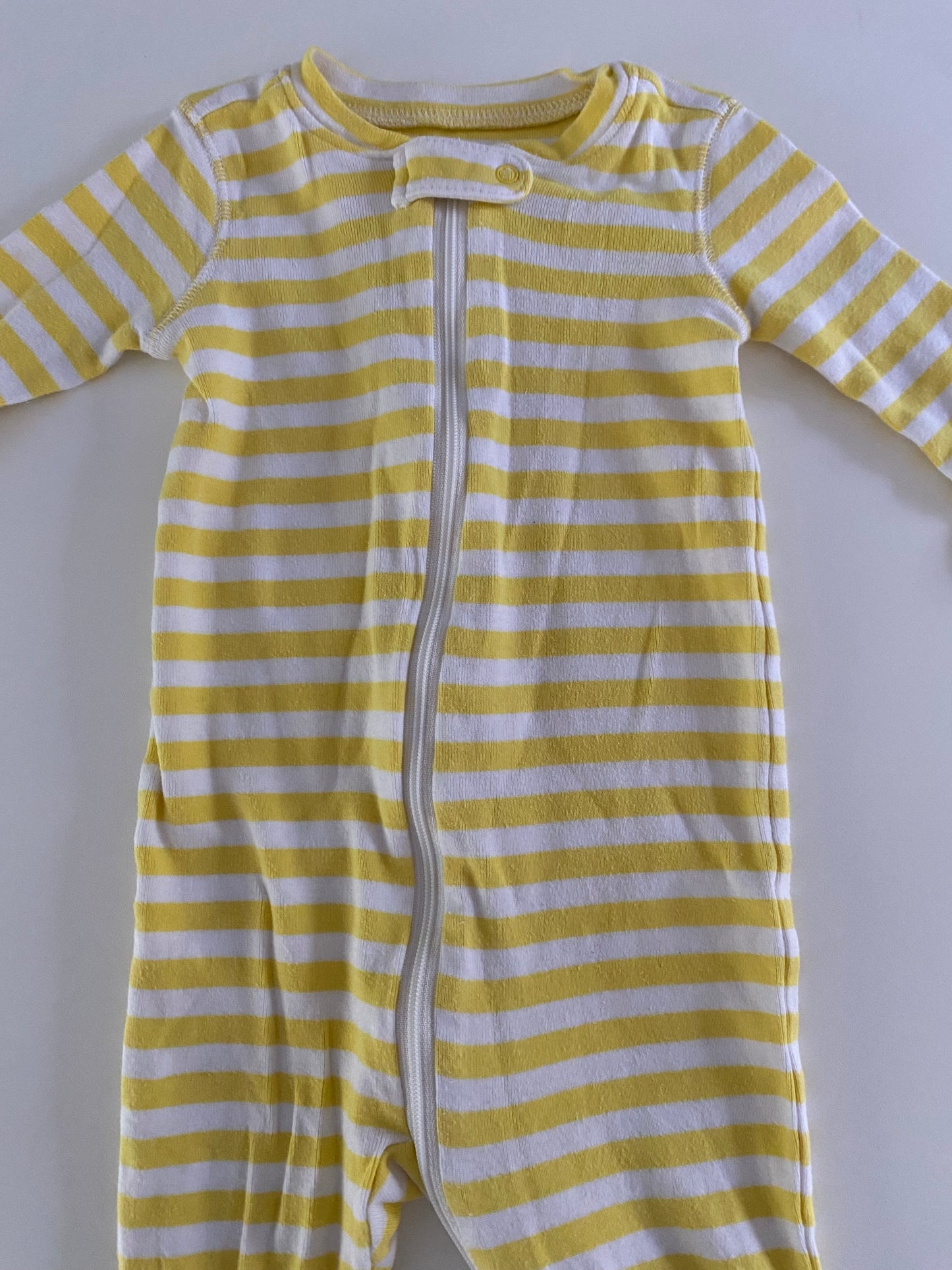 #84B- Girls 9-12M, Primary yellow and white striped pajamas, VGUC