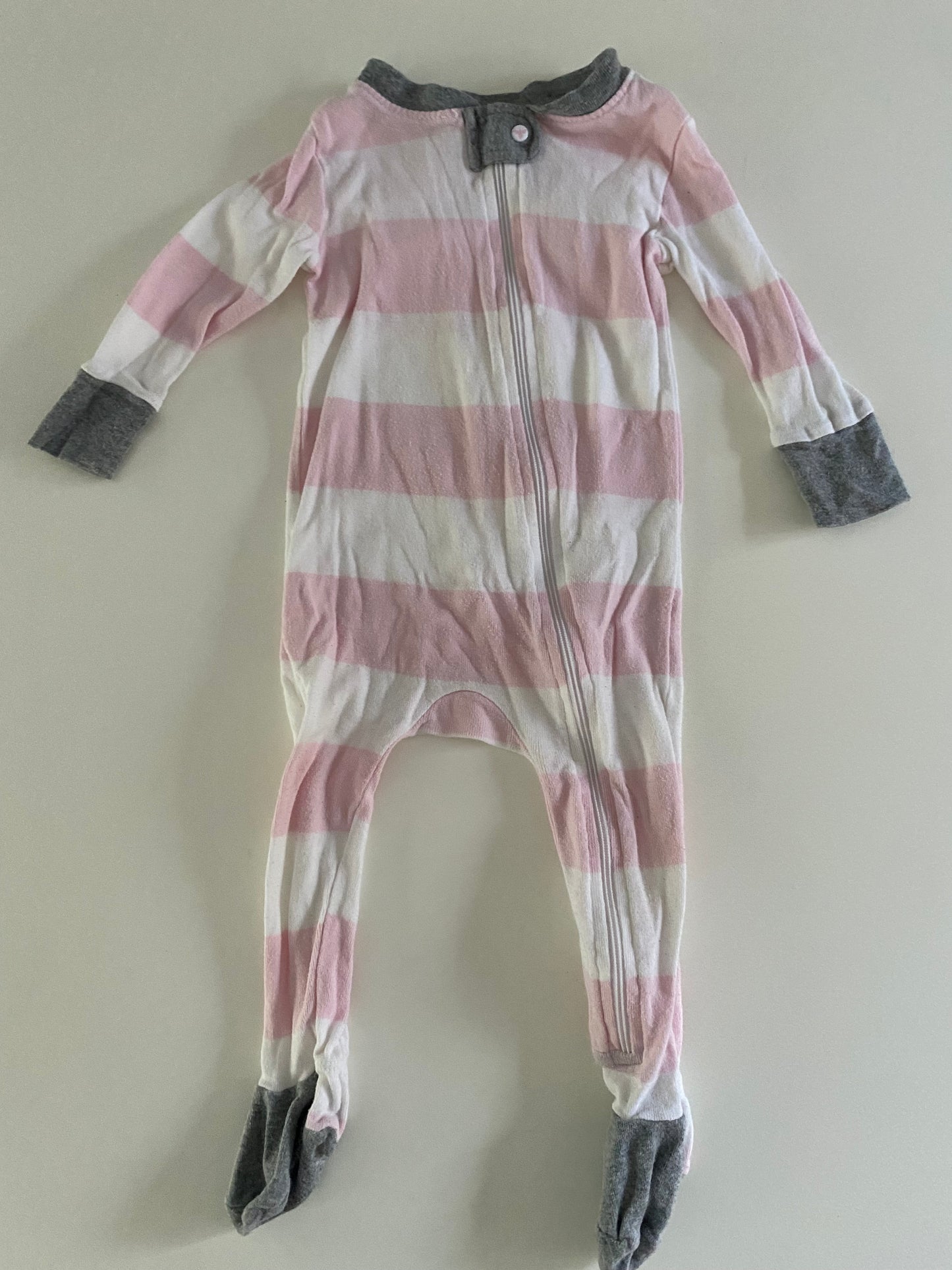 #84B- Girls 6-9M, Burt’s Bees Pink and white striped footed pajamas, GUC