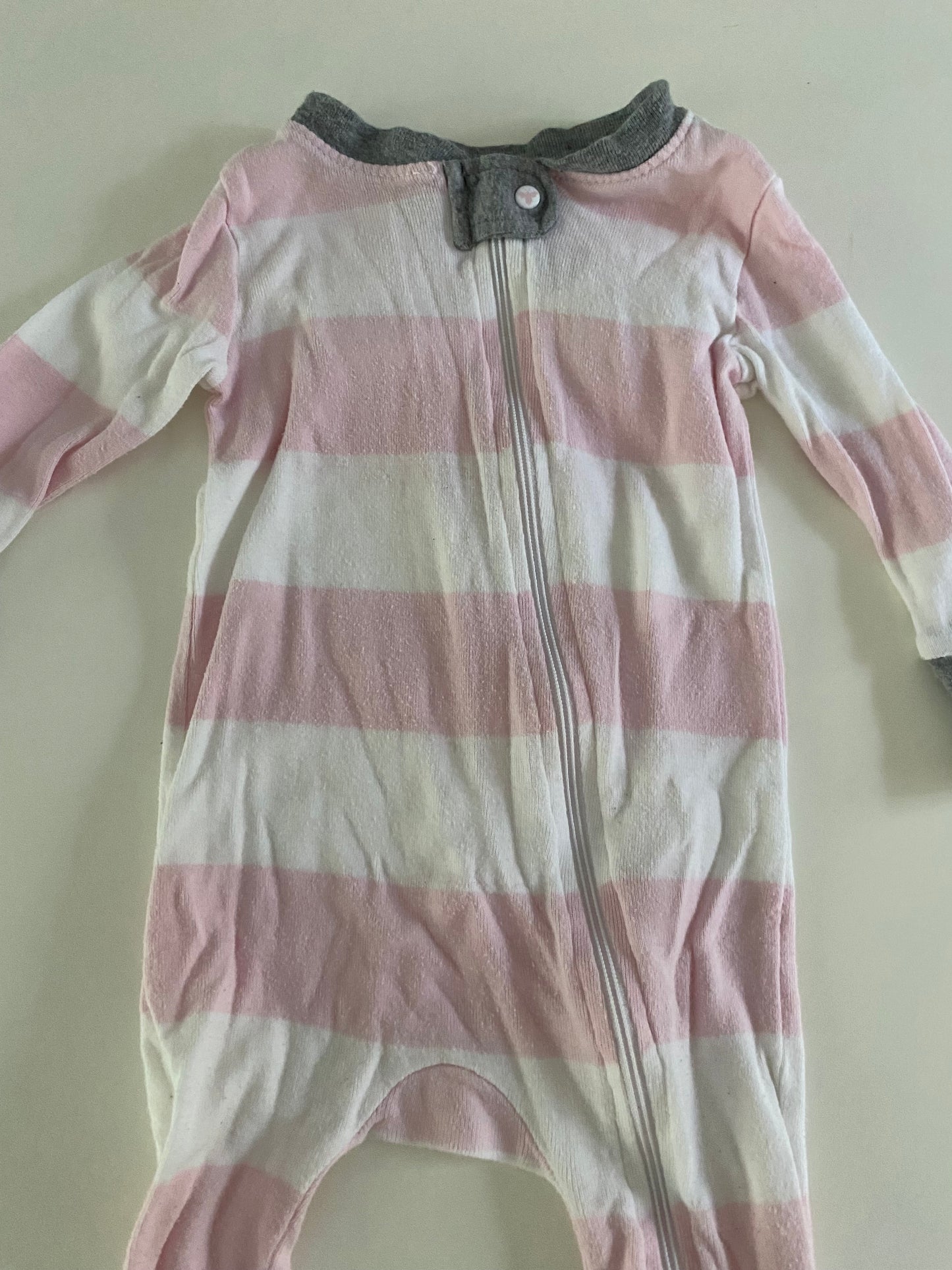 #84B- Girls 6-9M, Burt’s Bees Pink and white striped footed pajamas, GUC