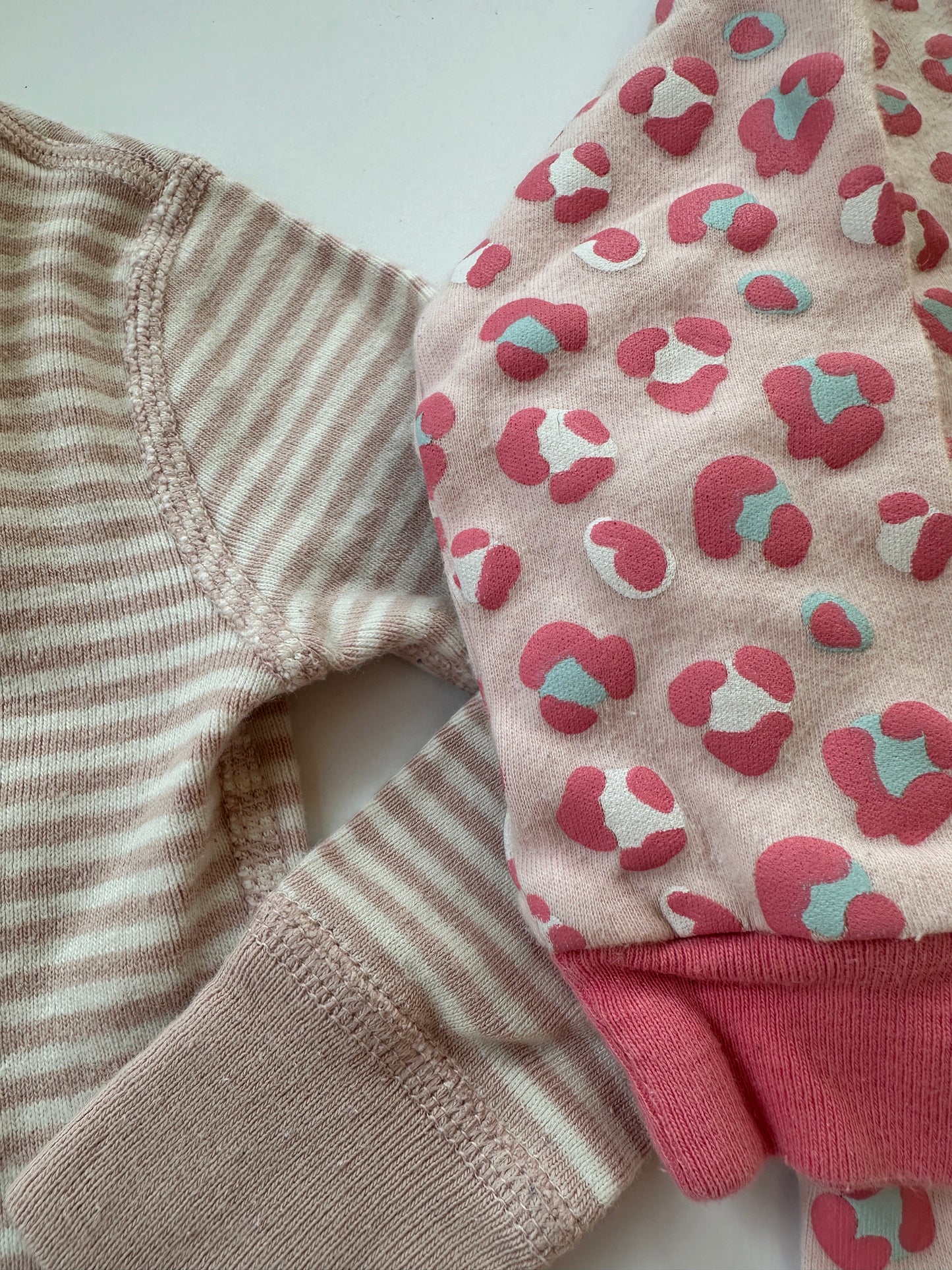 Girl 12-18 months Hanna Andersson blush pink/white strip and Tucker & Tate pink leopard print sleepers pajamas