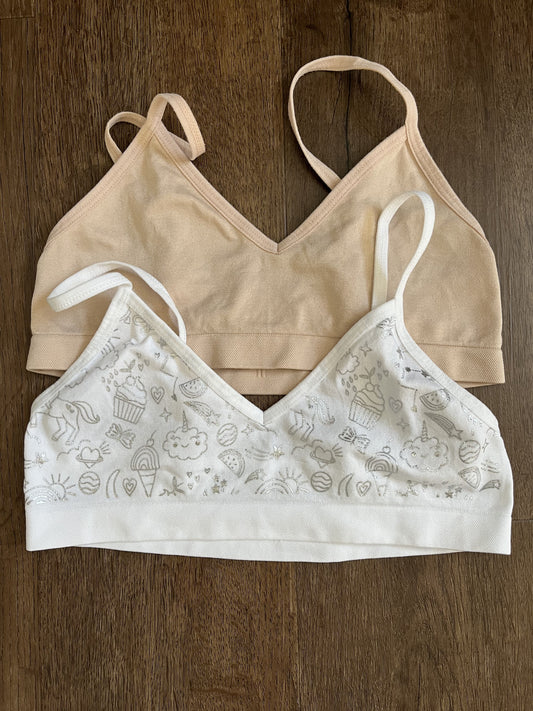 #124 EUC Cat & Jack Beige & White Printed Bras Set of 2 - Girls Size M
