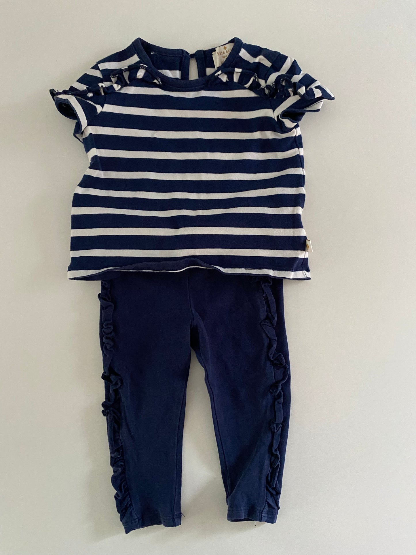 #84B- Girls 12M, Kate Spade Navy and white stripe shirt and navy leggings set, GUC