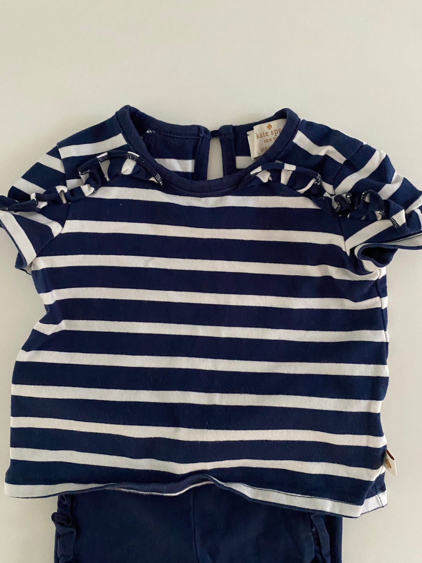 #84B- Girls 12M, Kate Spade Navy and white stripe shirt and navy leggings set, GUC