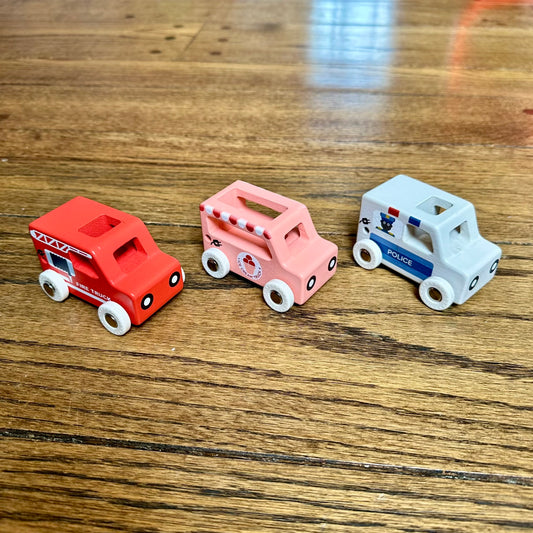 #113	Moover Mini Wooden Toy Cars Set of 3, Firetruck / Ice cream truck / Police Car