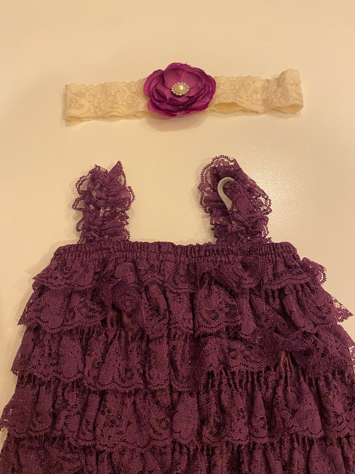 #84B- Girls 12M, purple tiered lace romper, VGUC