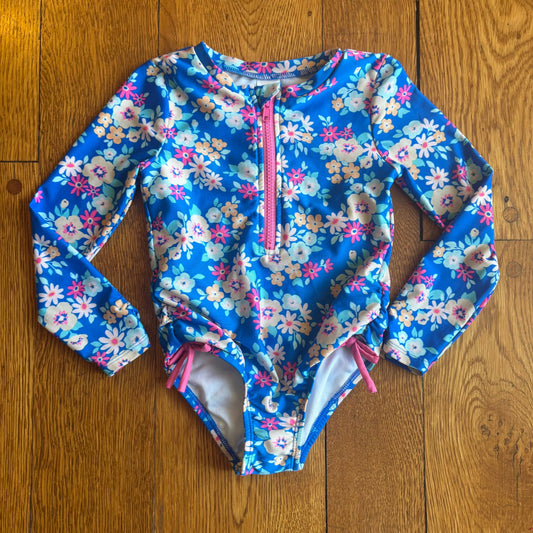 Seller 98 Girls 5T Cat & Jack Blue Floral One Piece Rashguard Swimsuit