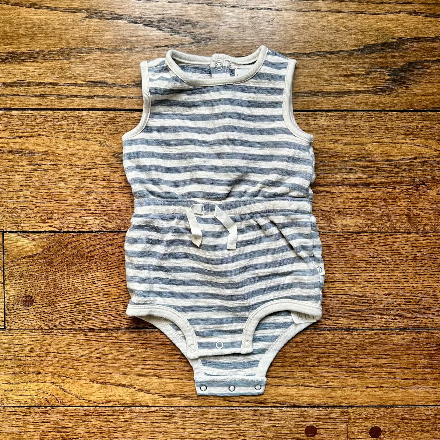 #95 EUC Boys Little Planet Blue and White Striped Tank Romper, size 18 months
