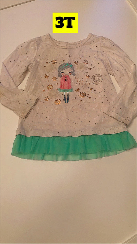 Girls 3T Wonderkids Long sleeve Shirt with teal ruffle “All I Need is Glitter”