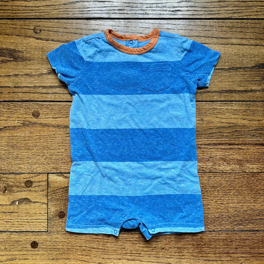 #95 EUC Boys Primary Blue Striped Rugby Short Sleeve Romper, size 12-18 months
