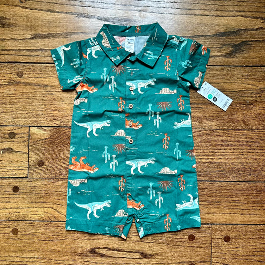 #95 NWT Boys Carters Green Dinosaur Short Sleeve Button Down Romper, size 18 months