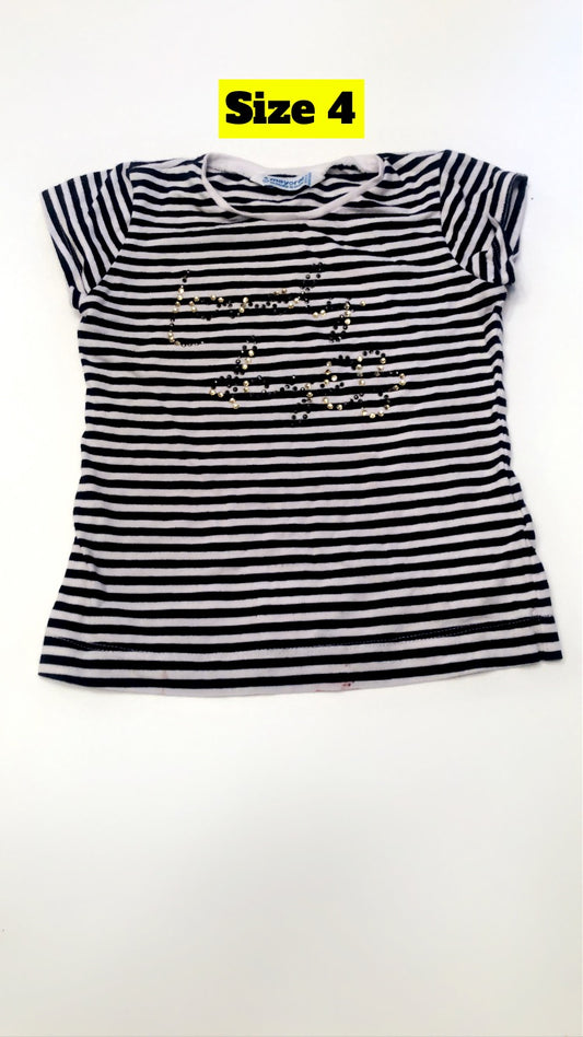 Girls size 4 Mayoral striped tee with Lovely Day written in crystals