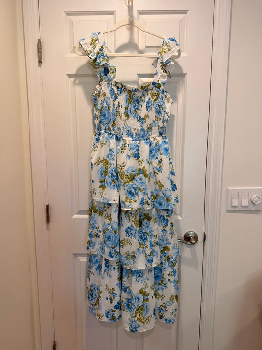 #85 August Sky Blue Floral Tiered Midi Dress, Women's L Off Season
