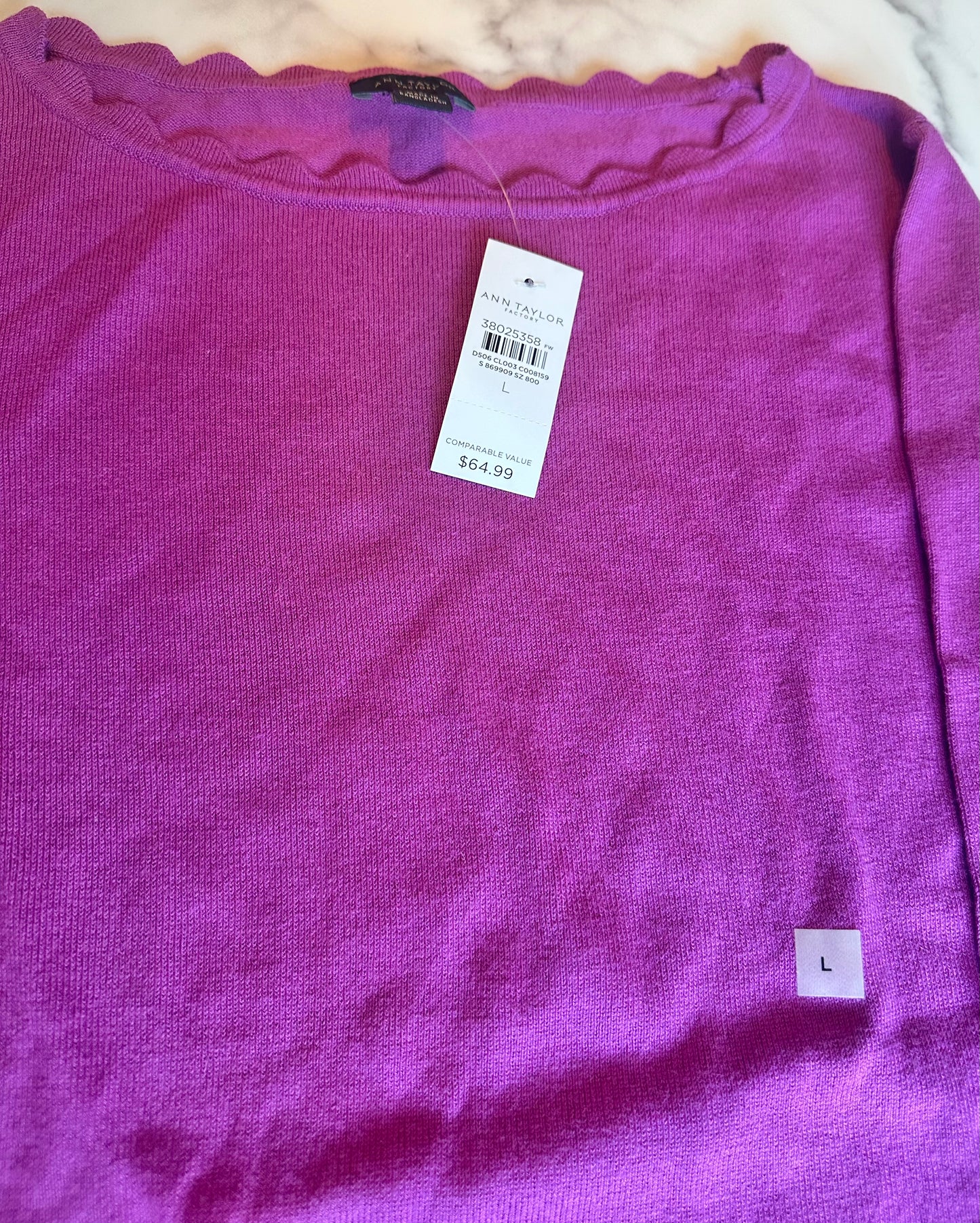 Seller #65 Women’s NWT Ann Taylor factory Large fuchsia sweater with scallop trim