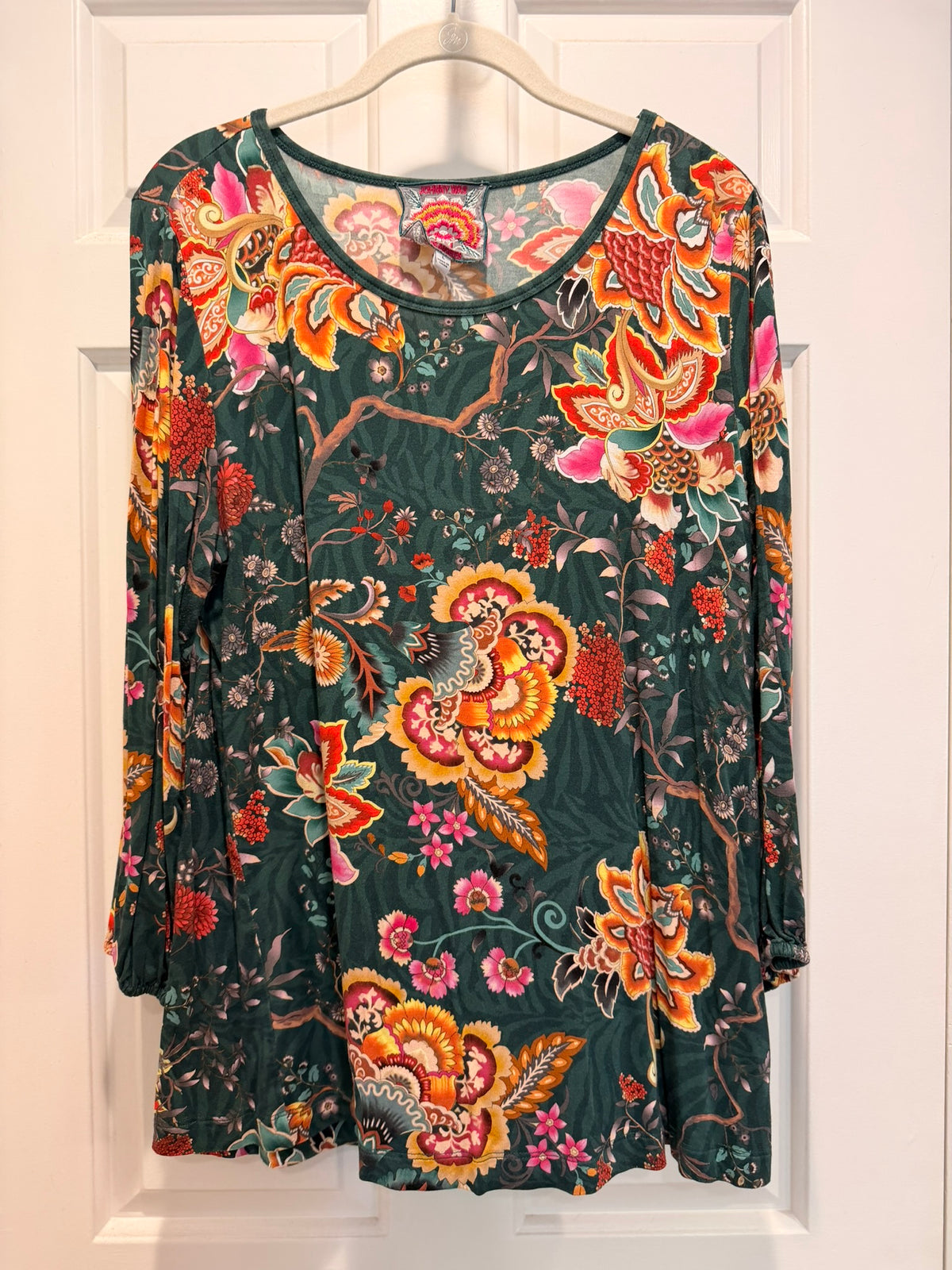 #85 Johnny Was Green Floral 3/4 Sleeve Shirt, Women's A+ L