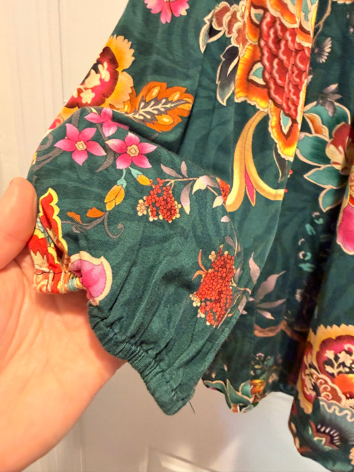 #85 Johnny Was Green Floral 3/4 Sleeve Shirt, Women's A+ L