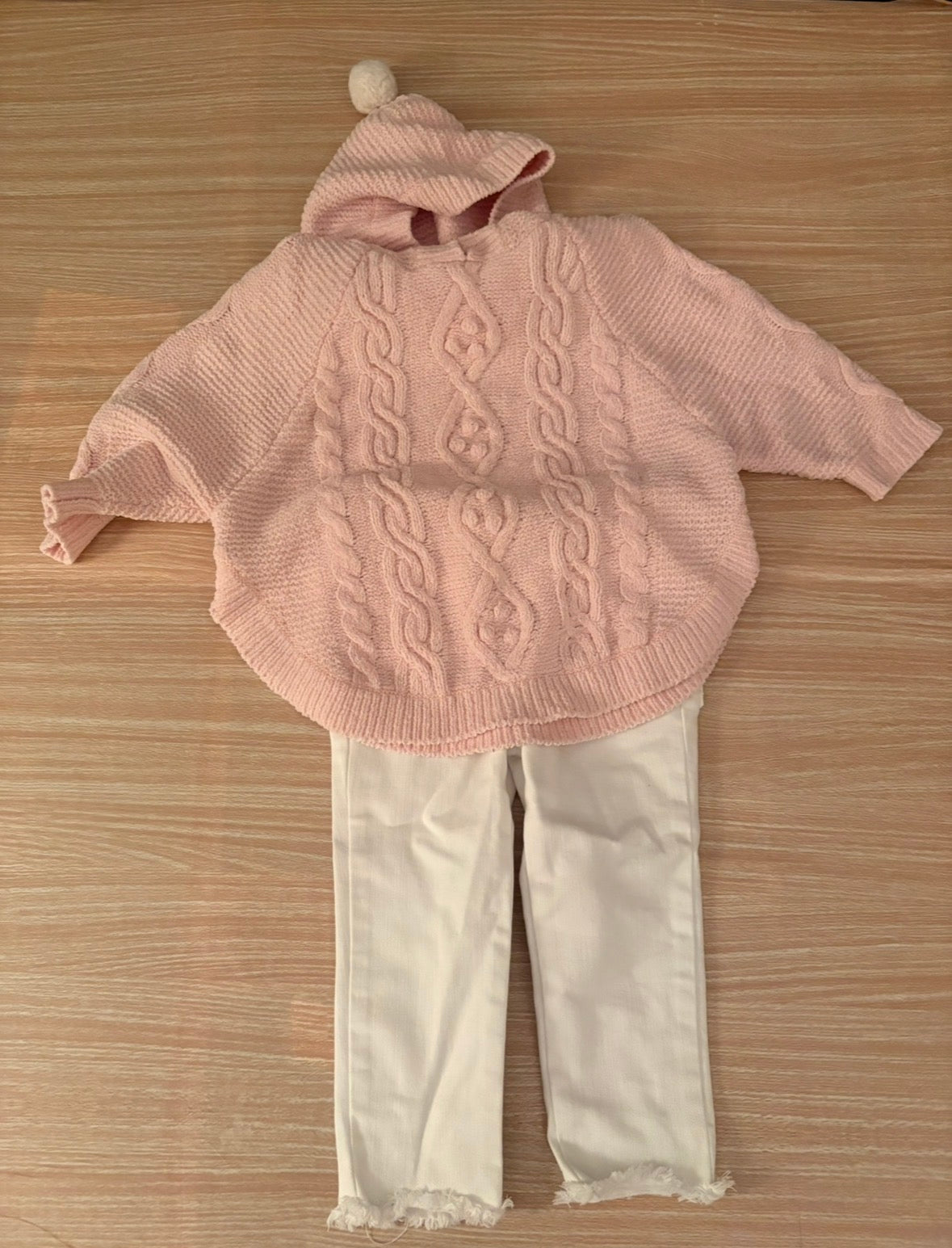 Seller #196 Cat & Jack 2T Light Pink Sweater Poncho and White Denim Unfinished Bottom Outfit
