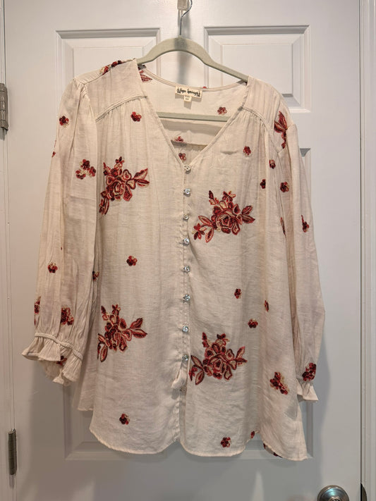 #85 Hope Springs Cream Shirt with Red/Rust Embroidered Flowers, Women's XXL