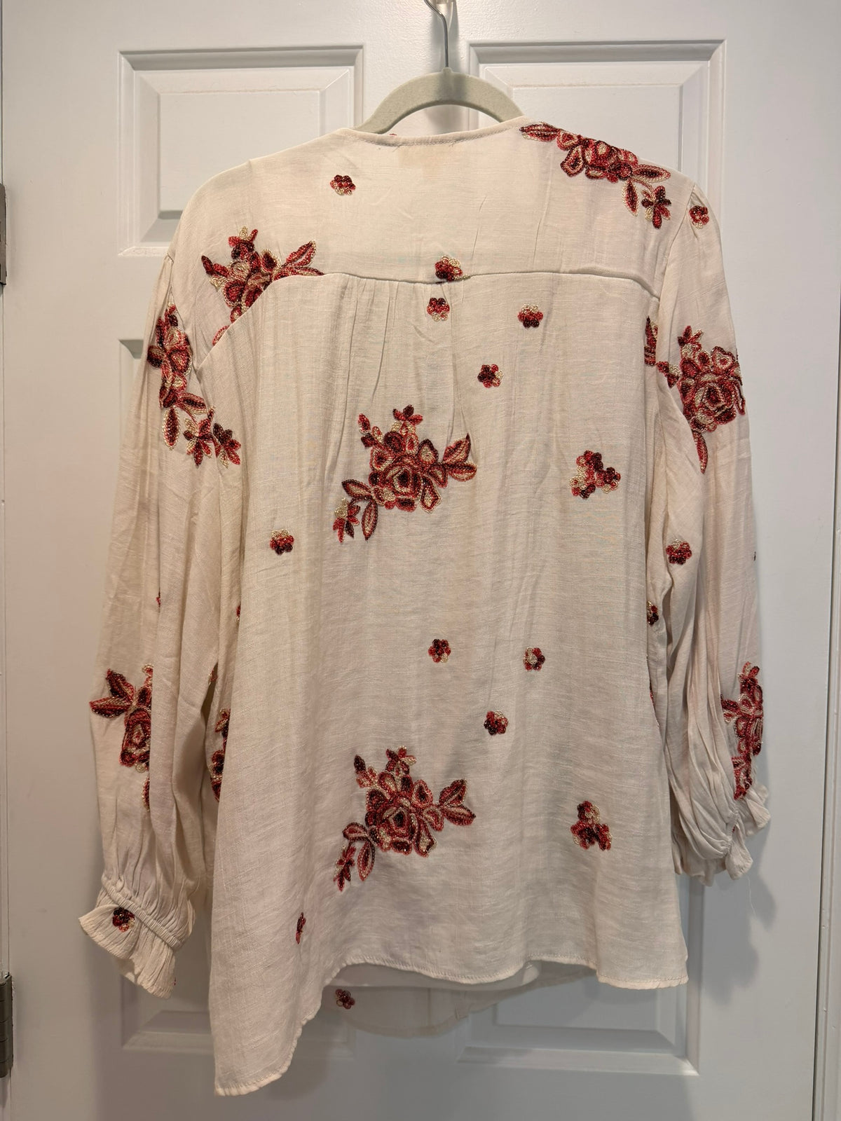 #85 Hope Springs Cream Shirt with Red/Rust Embroidered Flowers, Women's XXL