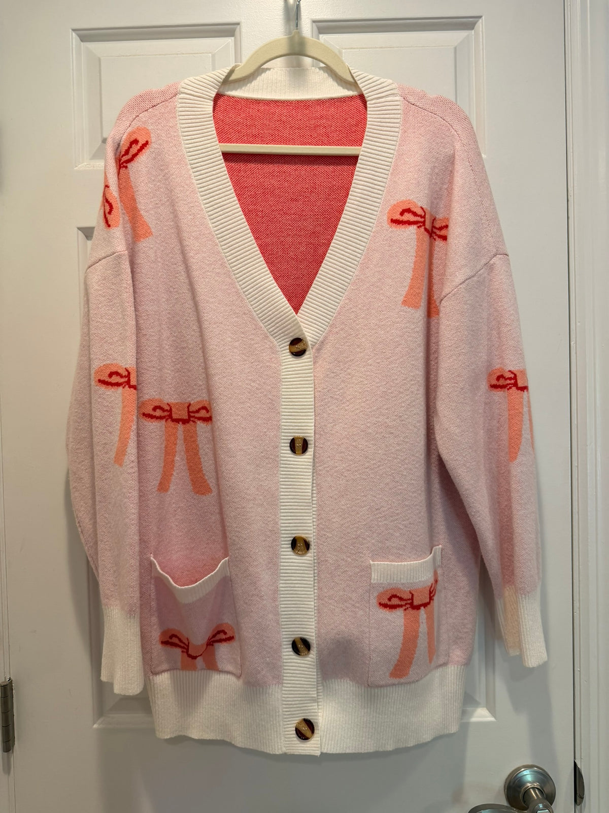 #85 Pink Bows Long Sweater Cardigan, Women's XL