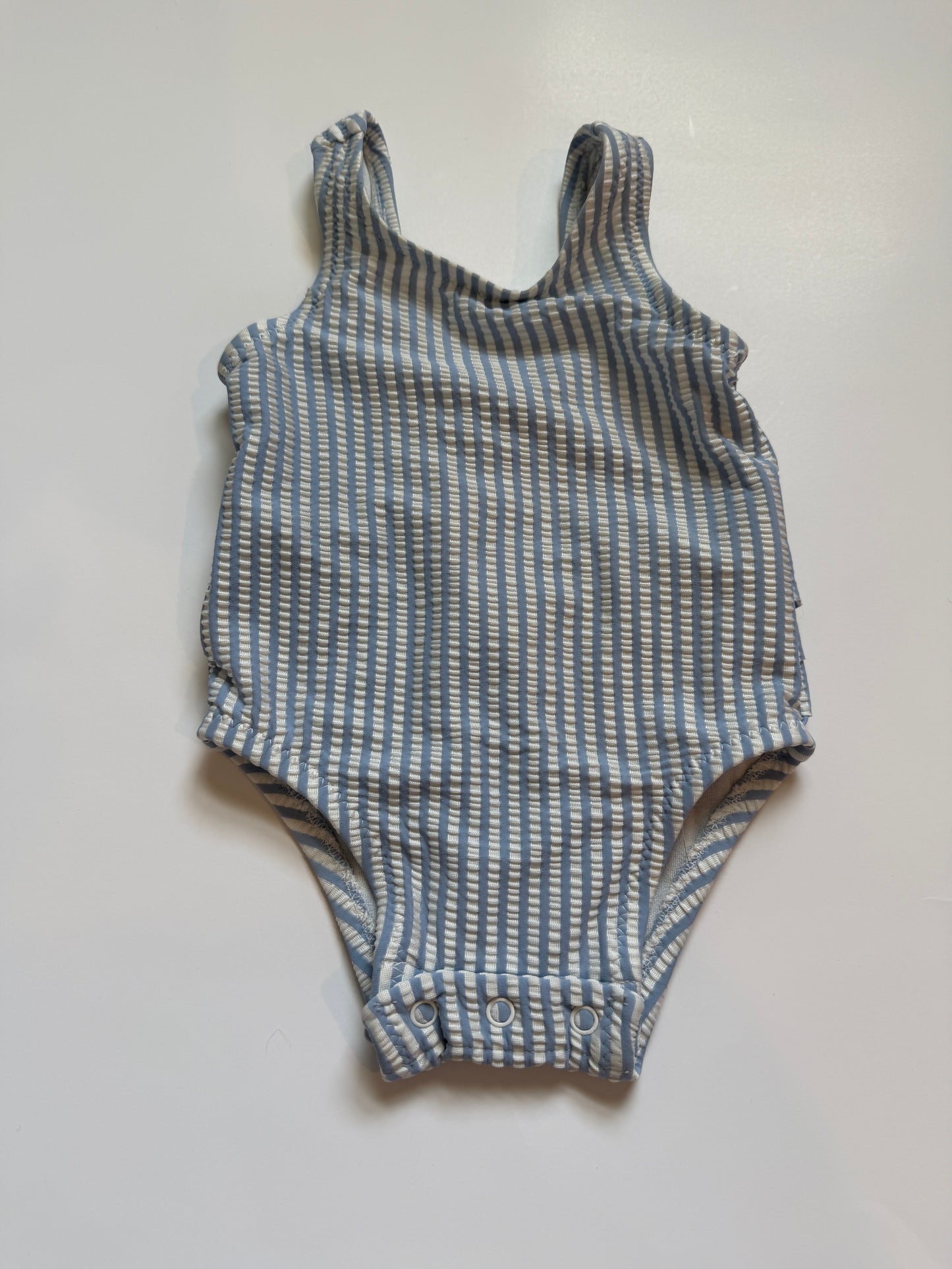 #116 old navy blue and white seersucker swimsuit girls 0-3 months