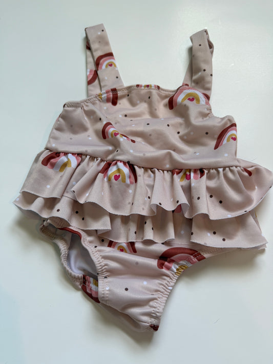 #116 Tan rainbow swimsuit girls size 70 (6-9 months, but runs small IMO)
