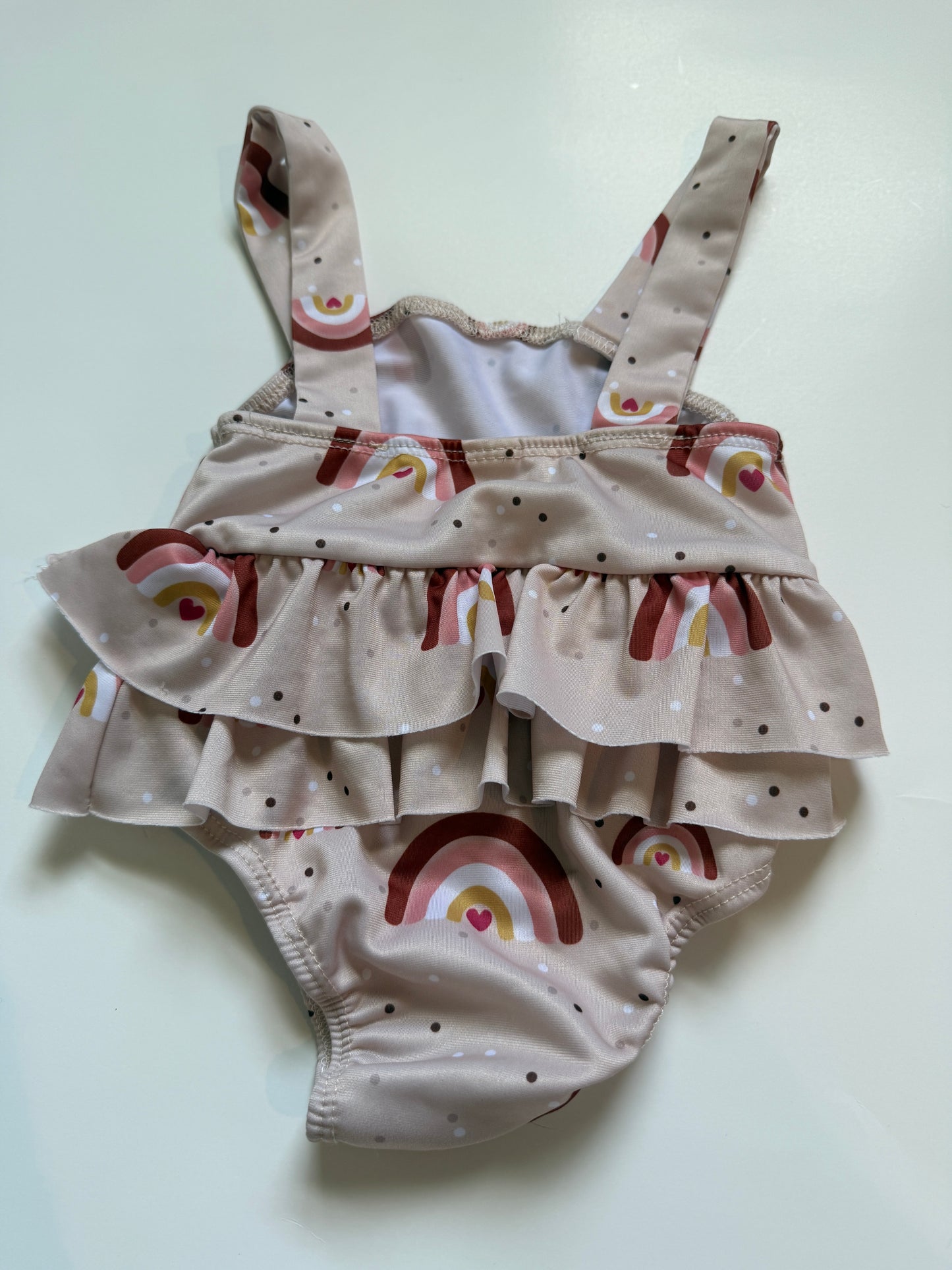 #116 Tan rainbow swimsuit girls size 70 (6-9 months, but runs small IMO)