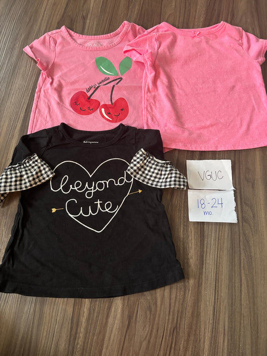#138 - 18-24 Mo - VGUC 3 Shirts (Pink + Pink Cherries + Black) - PU 45236