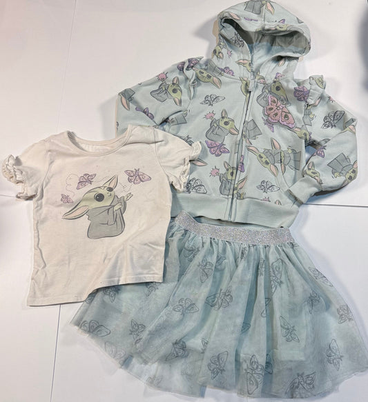 #180 Girls 5 Baby Yoda Hoodie Shirt and Tulle Skirt Set