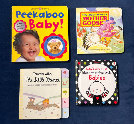 #66 Classic baby & toddler board book bundle: Peekaboo Baby, Mother Goose, Travels with The Little Prince, and Baby’s First Black and White Book: Babies (Usborne)