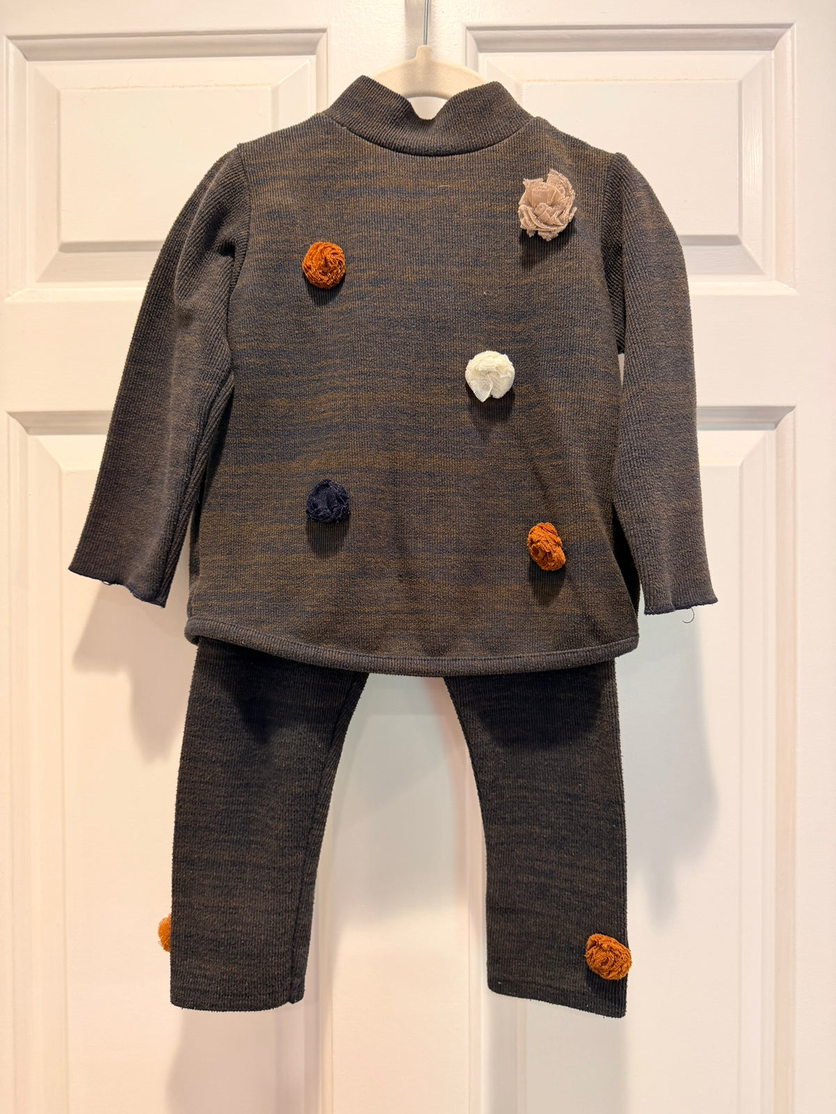 #85 Zara Baby Navy & Brown Pom Pom Sweater Set, Girls 18-24m