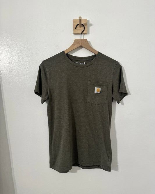 #144 Carhartt Boys Graphic T-Shirt Casual Pocket Size Lg (14/16) Heathered Green Gray