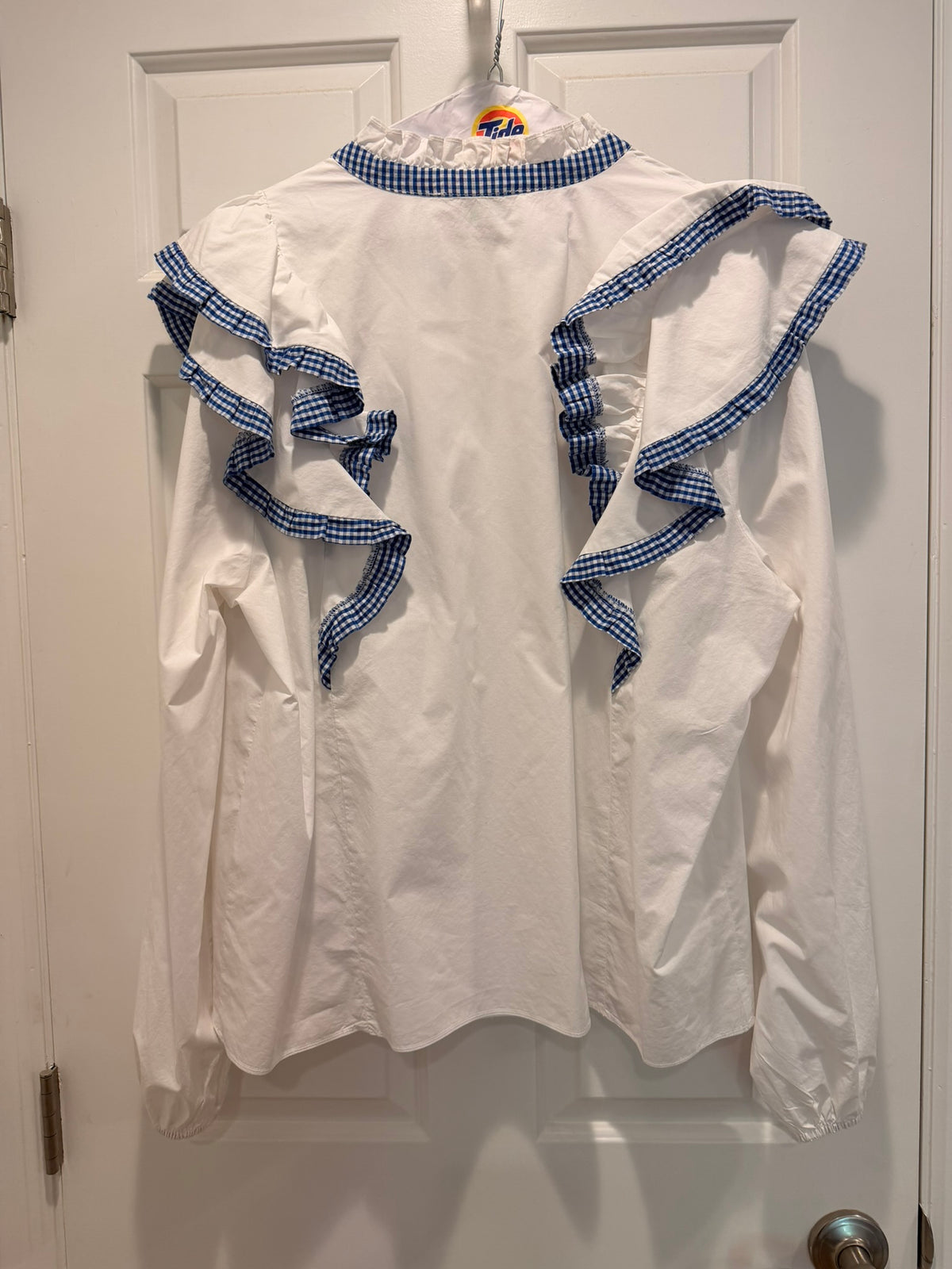 #85 Hyacinth House Tuckernuck White Shirt with Blue Gingham ruffles, Women's XXL