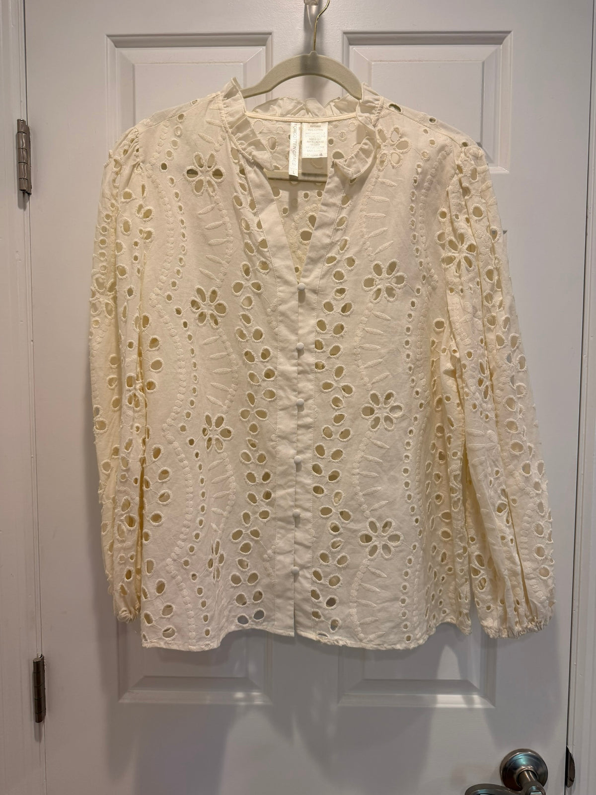 #85 Forgotten Grace Cream Laser Cut Long Sleeve Shirt, Women's L