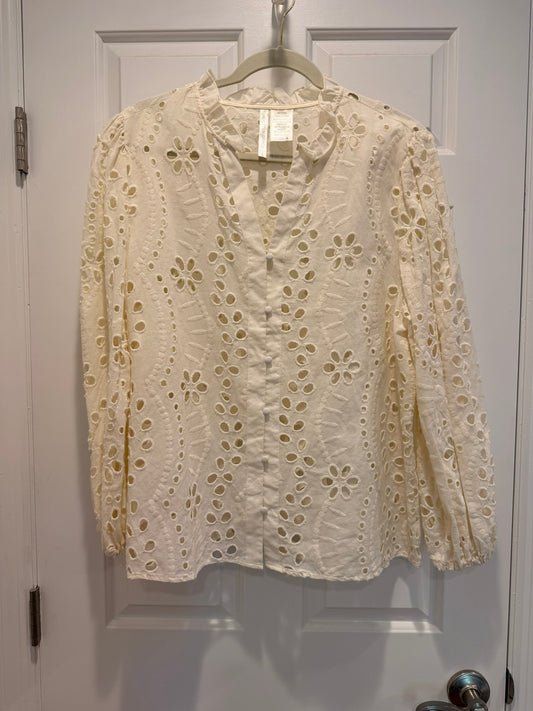 #85 Forgotten Grace Cream Laser Cut Long Sleeve Shirt, Women's L