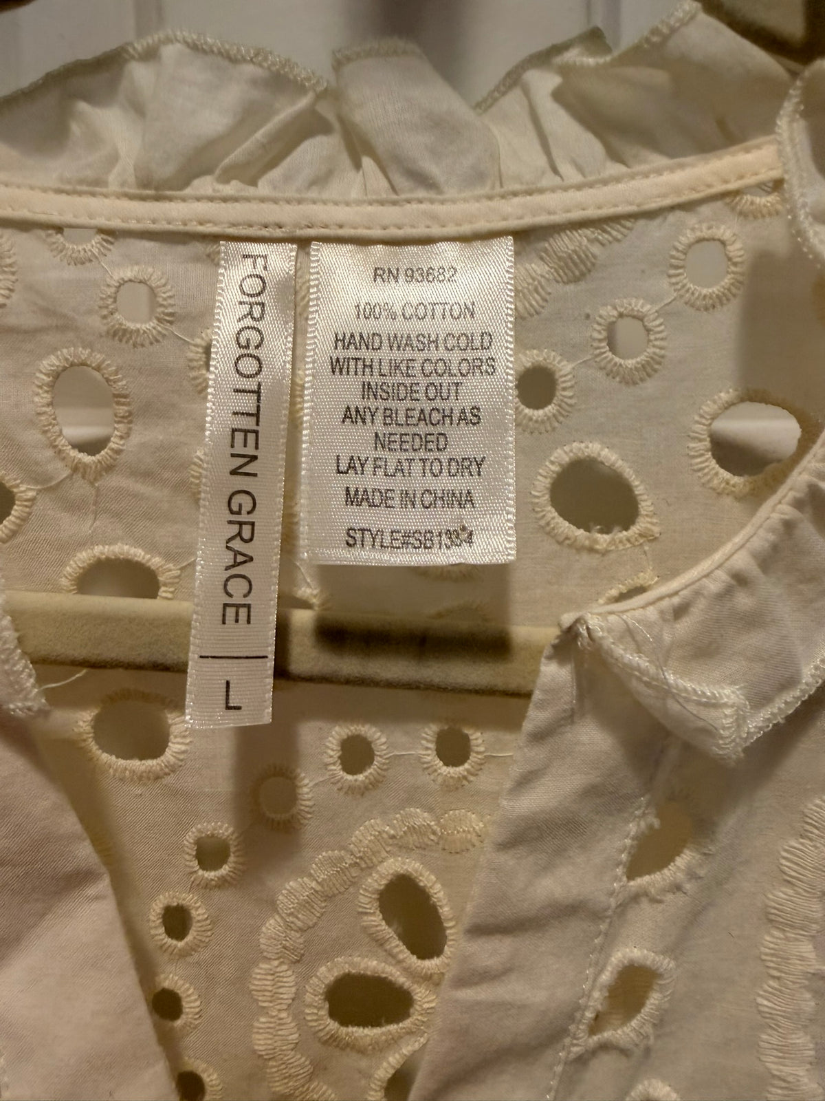 #85 Forgotten Grace Cream Laser Cut Long Sleeve Shirt, Women's L