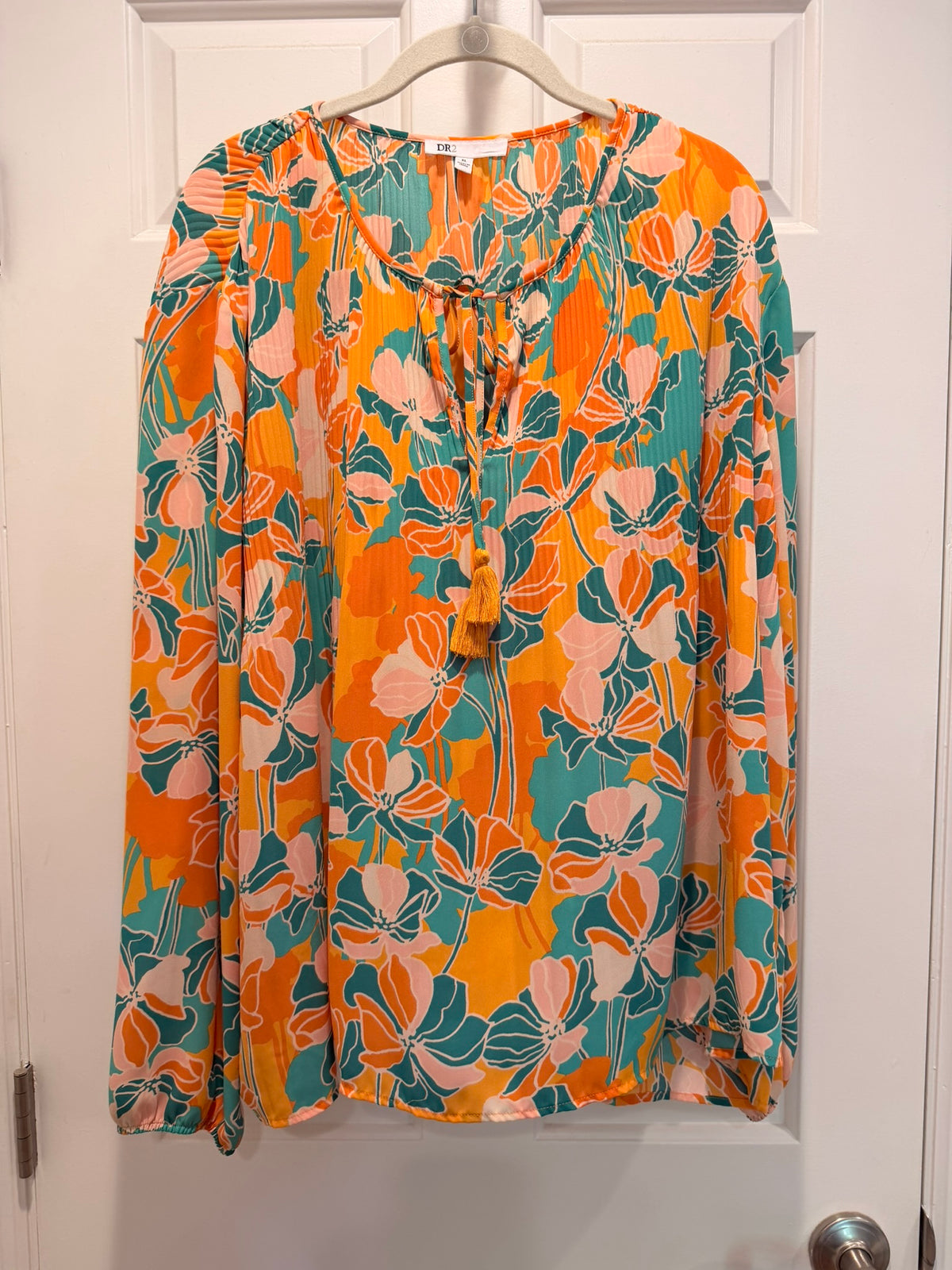 #85 DR2 Orange & Green Long Sleeve Flowy Shirt, Women's XL