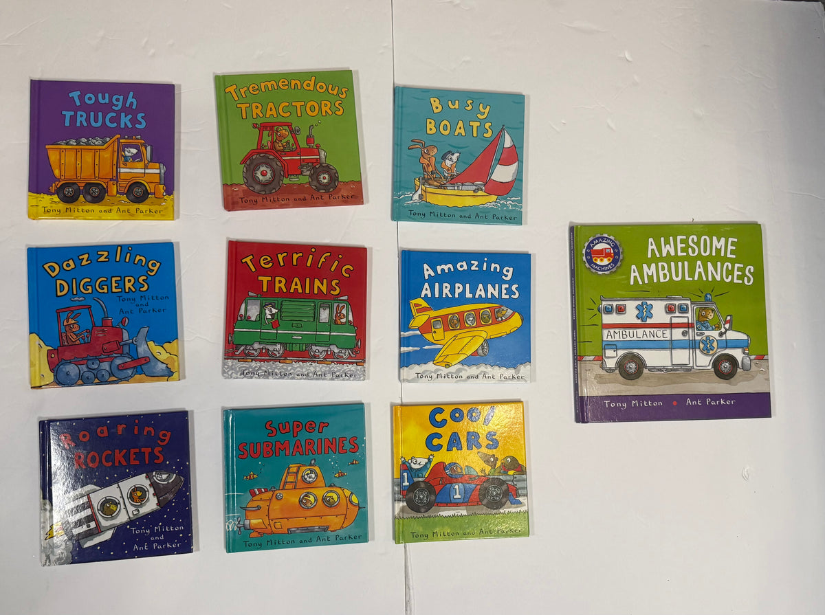 #141 Set of 10 Amazing Machine Books by Tony Mitton and Ant Parker- Including ambulances,diggers, rockets, subs, cars, trucks, boats, airplanes, trains, tractors