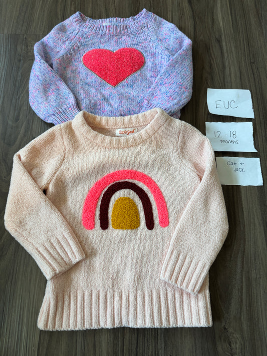 #138 - 12-18 Mo - EUC Cat & Jack - 2 Sweaters (Purple heart + pink rainbow) - PU 45236