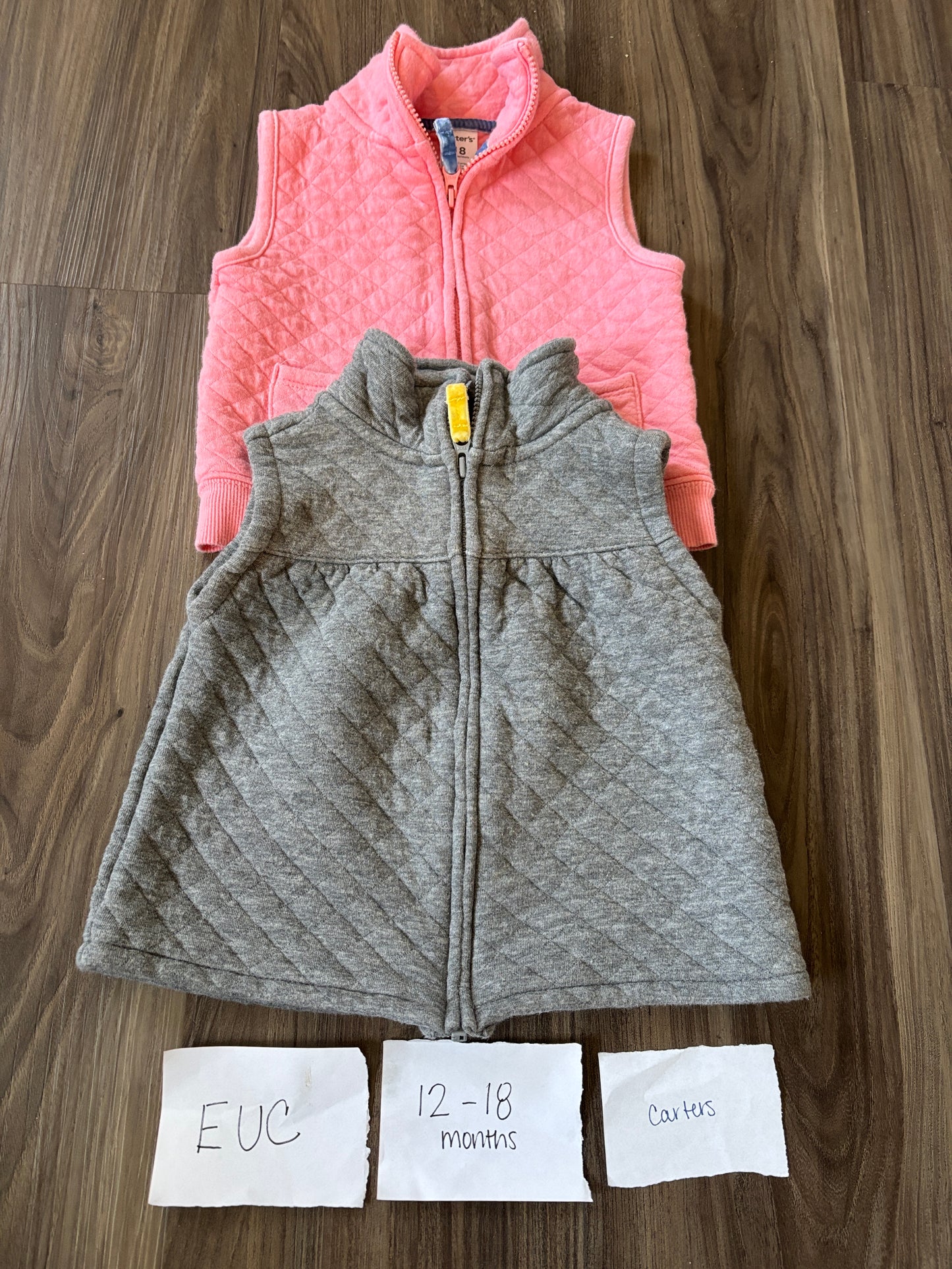 #138 - 12-18 Mo - EUC Carters - 2 Vests (Pink + Grey) - PU 45236