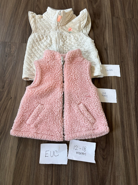 #138 - 12-18 Mo - EUC Old Navy + carters - 2 Vests (grey + Pink fuzzy) - PU 45236