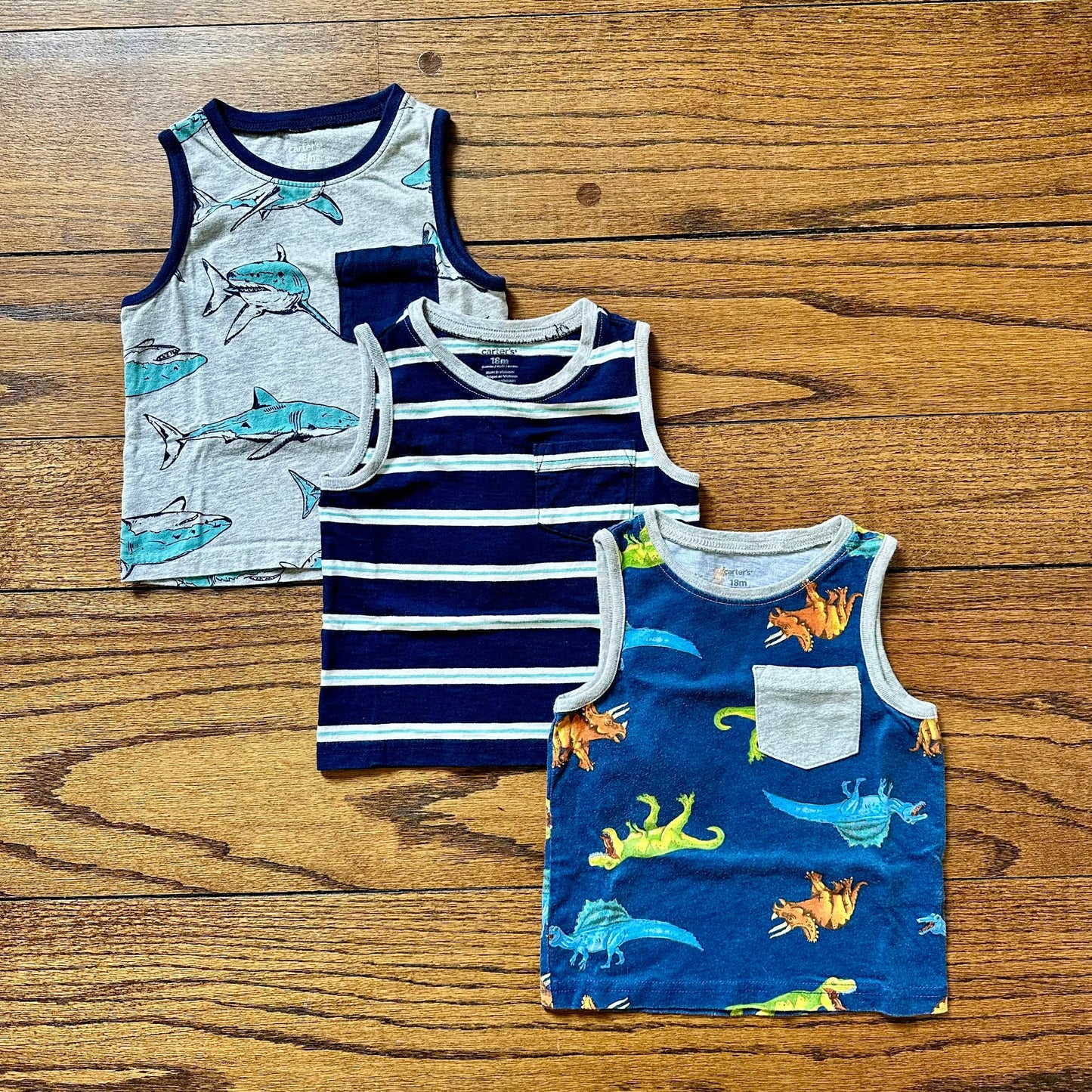 #95 EUC Boys Carters Dinosaur / Striped / Shark Blue Tank Tops, set of 3, size 18 months